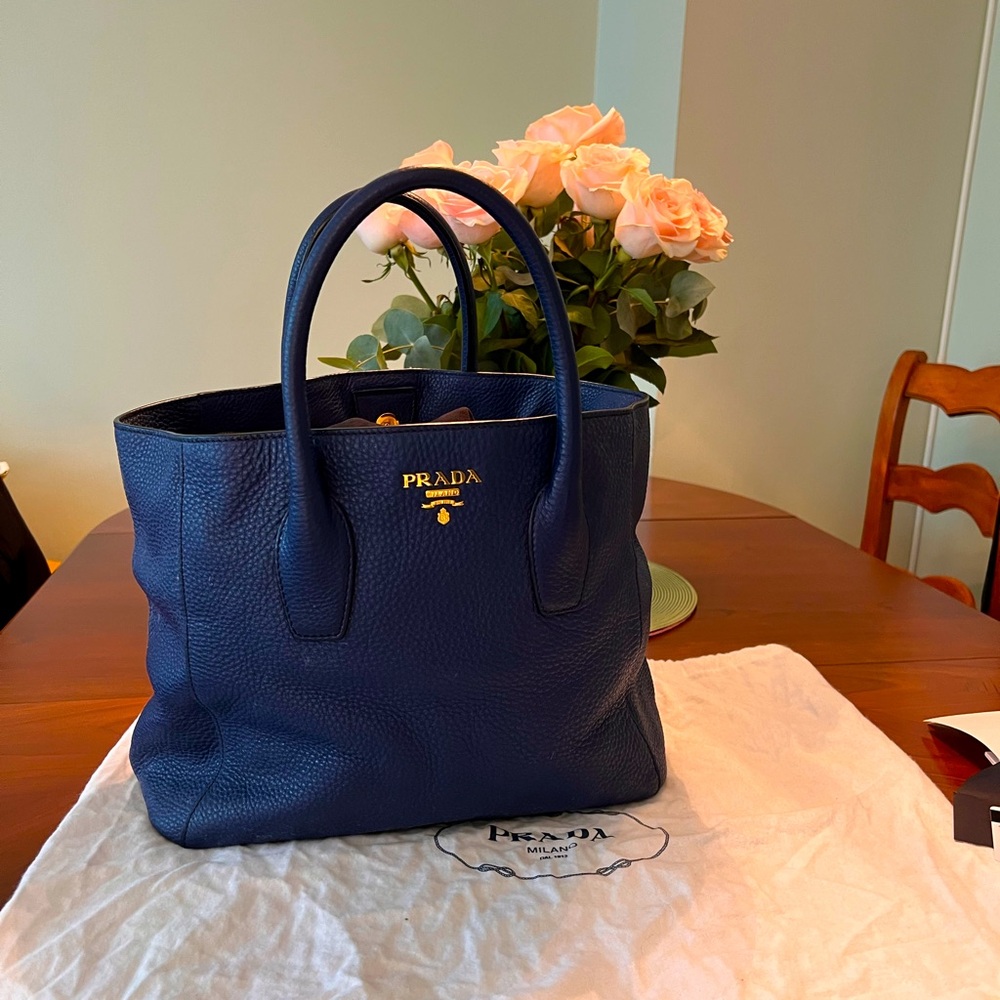 Prada pebble leather tote, in ink blue.
